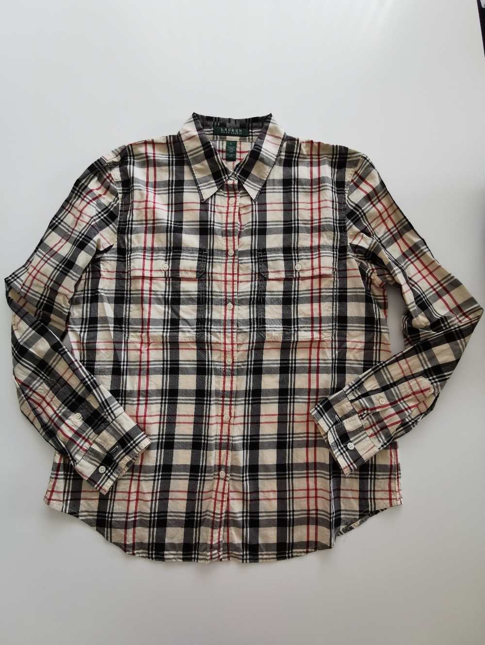 Lauren Ralph Lauren 100% Cotton Cream Black & Red Plaid Collar Button-Down Shirt